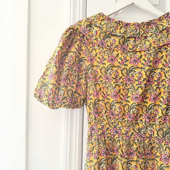 Rahi Yellow Floral Del Sole Chiara Puff Sleeve Ruffle V Neck Mini Dress Cotton S - Picture 9 of 12